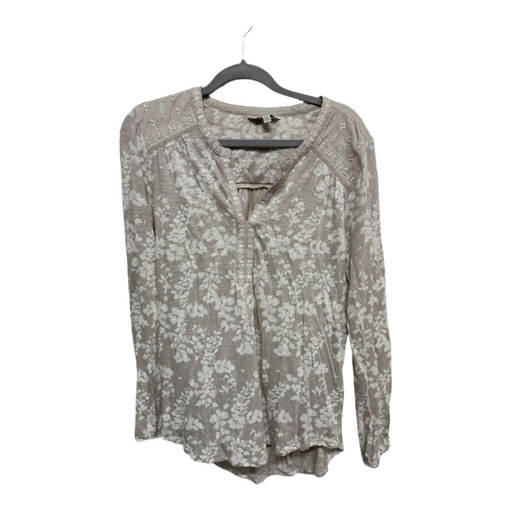 Lucky Brand Beige Long Sleeve Peasant Top Blouse Boho Whimsical Size Large